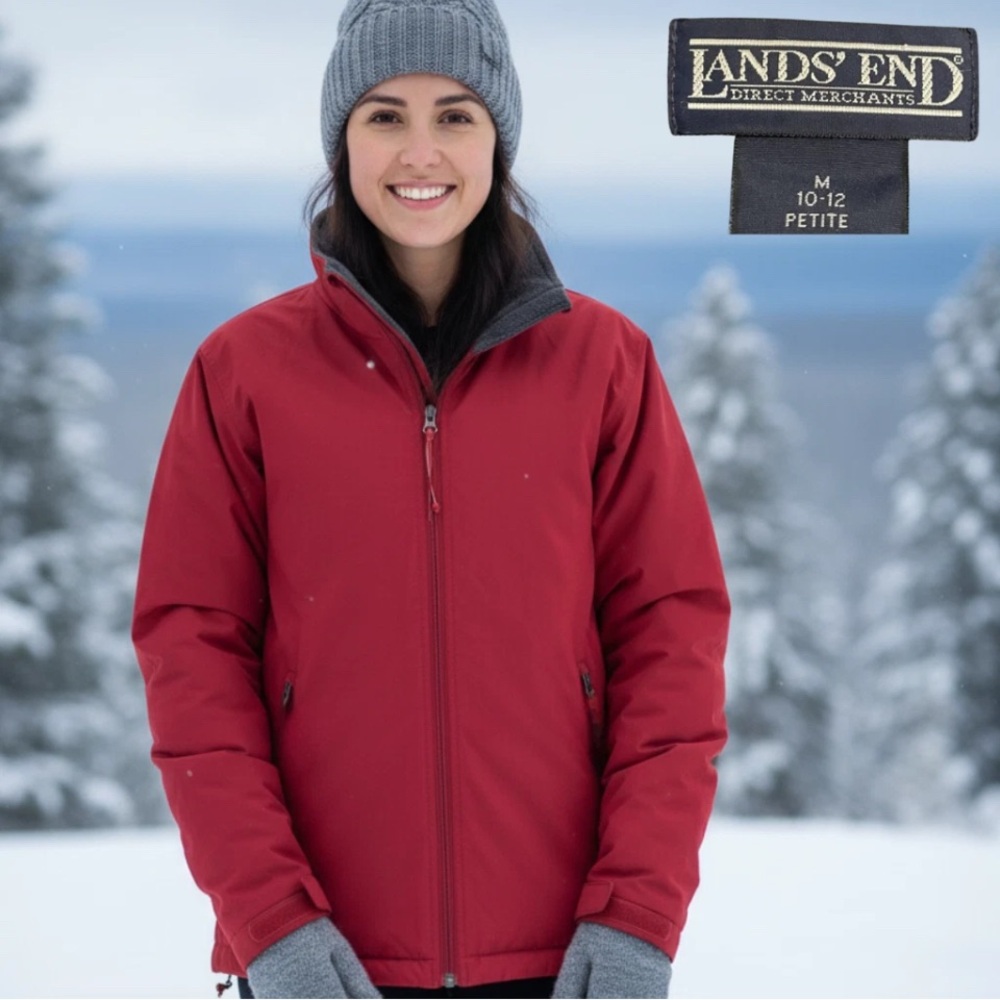 LANDS' END Petite M Aircore-200 Red Insulated Coat Gray Fleece Lined Jacket